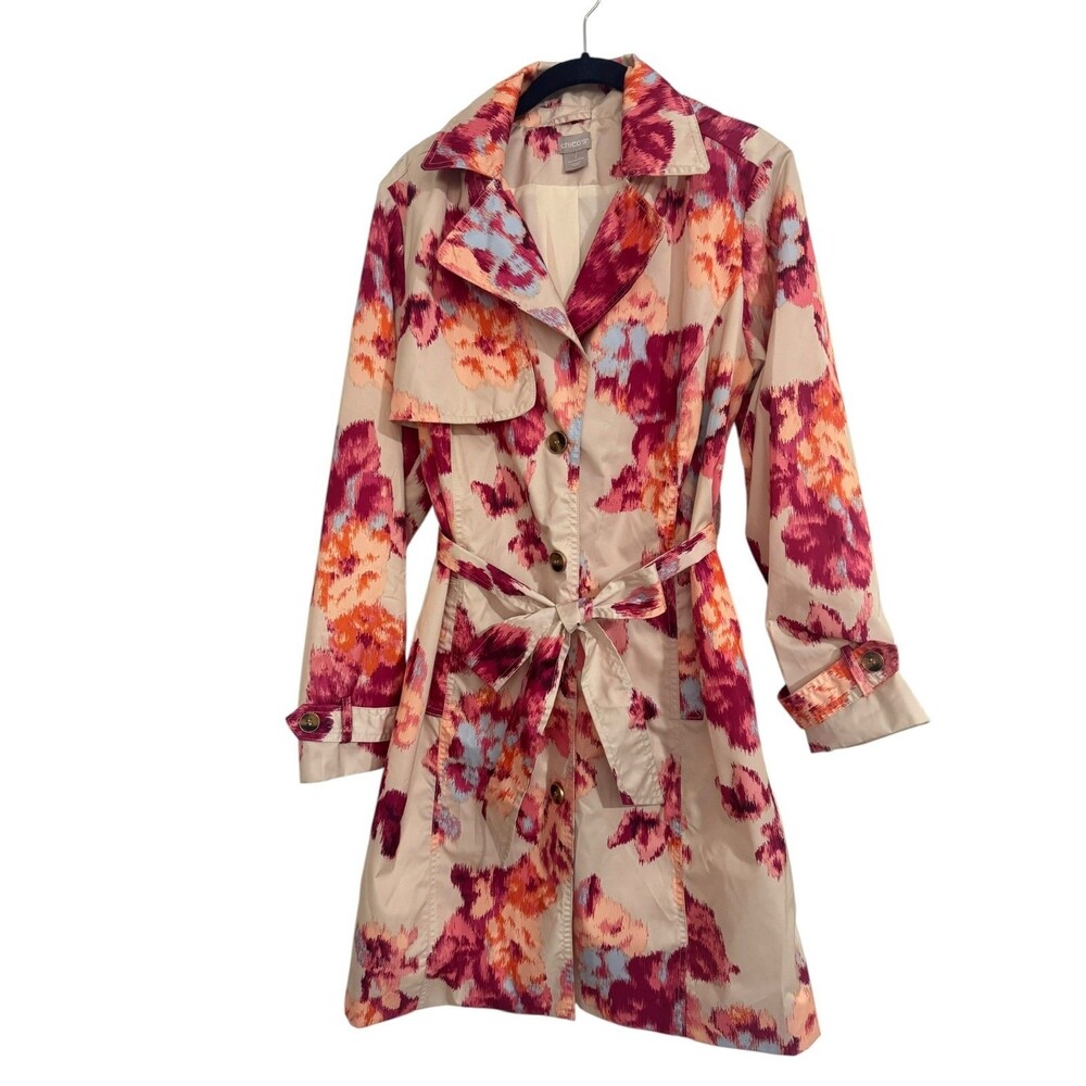 Chicos Trench Coat Womens 1 MEDIUM Floral Pockets Detachable Hoodie Button Front - Picture 2 of 13